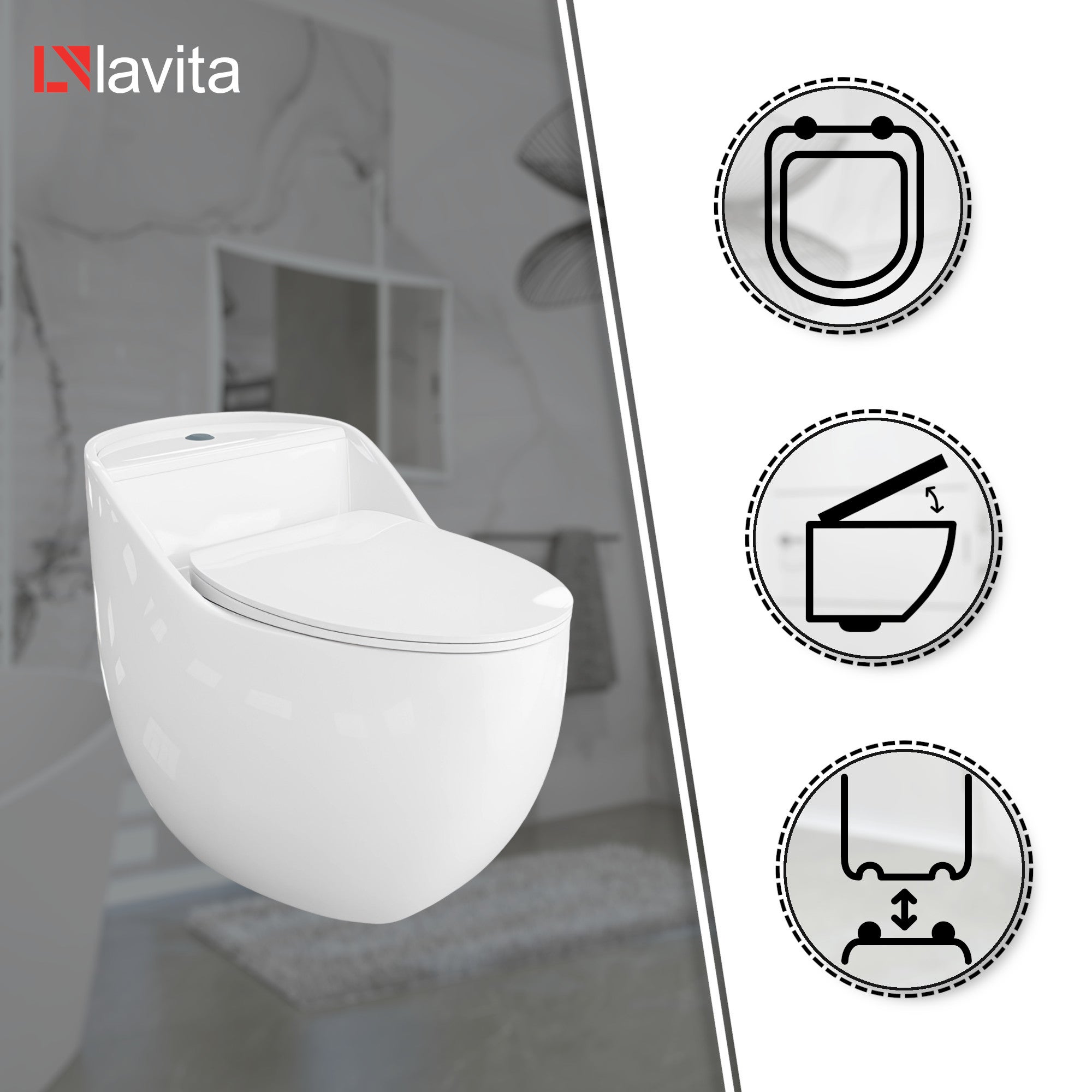 Toilette Lavable Sur Pied Blanc LAVITA - Chasse Tornado Silencieuse, 3/4,5L, Céramique Sans Bord, Siège Freiné