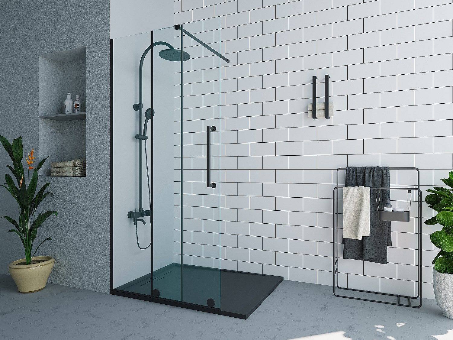 Ścianka prysznicowa do kabiny walk-in z drzwiami przesuwnymi metalowa w stylu industrialnym - Czarny mat - 140 x 200 cm - YOREM