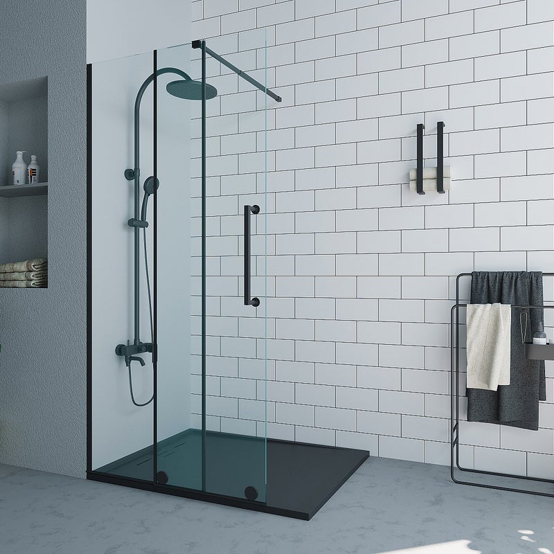 Ścianka prysznicowa do kabiny walk-in z drzwiami przesuwnymi metalowa w stylu industrialnym - Czarny mat - 140 x 200 cm - YOREM