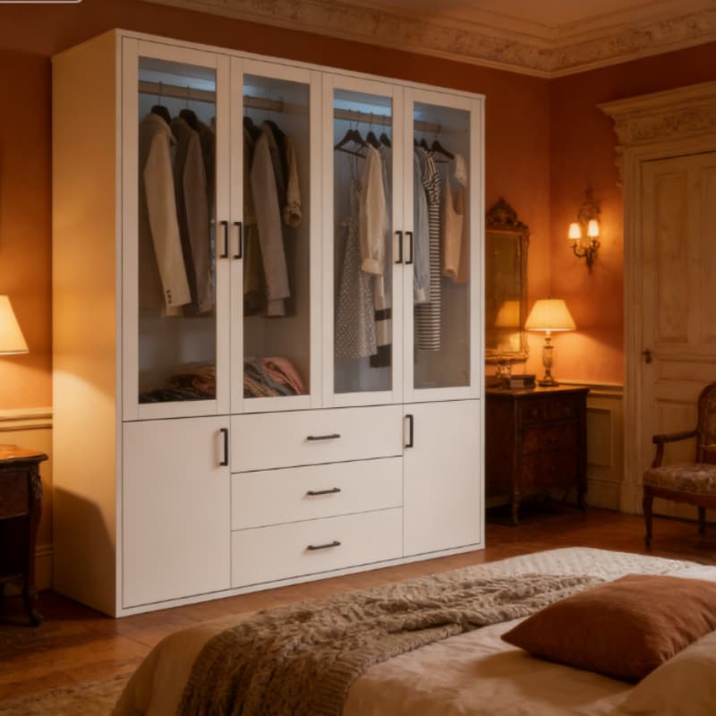 Armoire 160 cm avec 4 Portes Vitrées et 3 Tiroirs, Éclairage LED Intégré, Espace de Rangement Spacieux, Design Moderne Blanc - 2