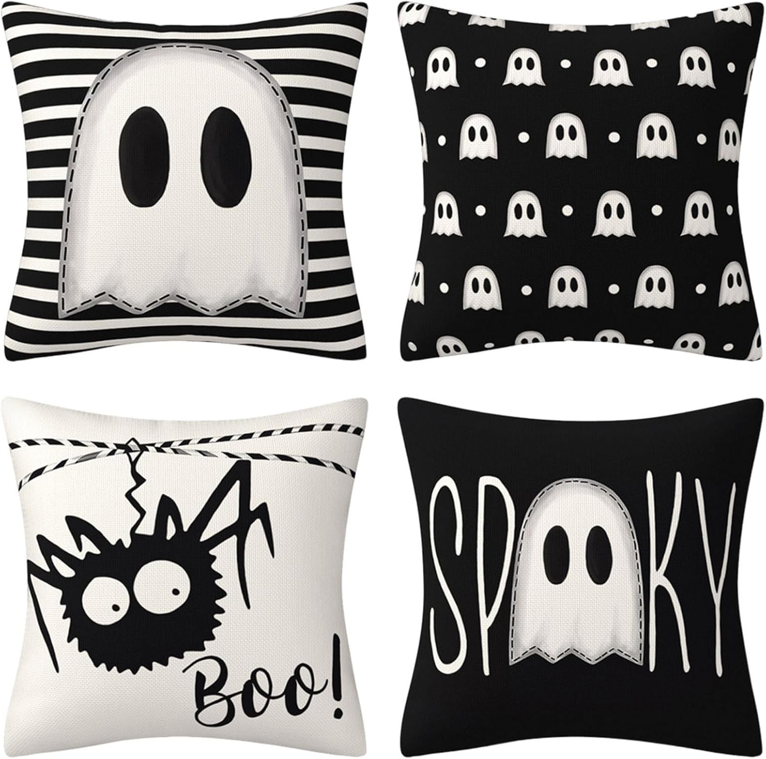 4 fundas de almohada de halloween de 45 x 45 cm, fundas de almohada de rayas de lunares, fundas de cojín decorativas de araña fantasma