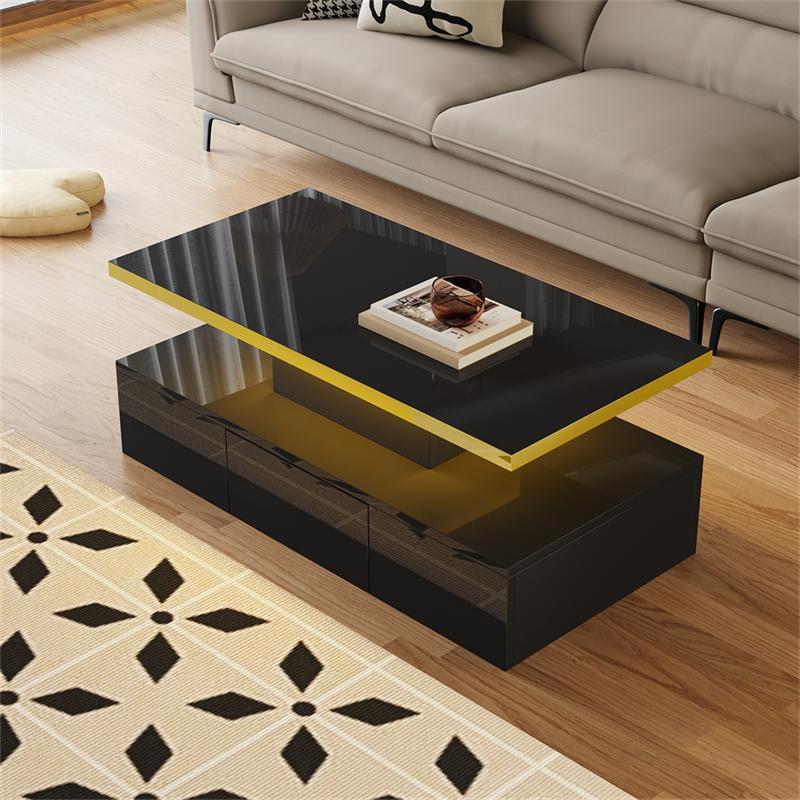 Lakierowany na wysoki połysk biały stolik kawowy z LED, zintegrowaną szufladą, 2 poziomami przechowywania, nowoczesnym, kompaktowym designem