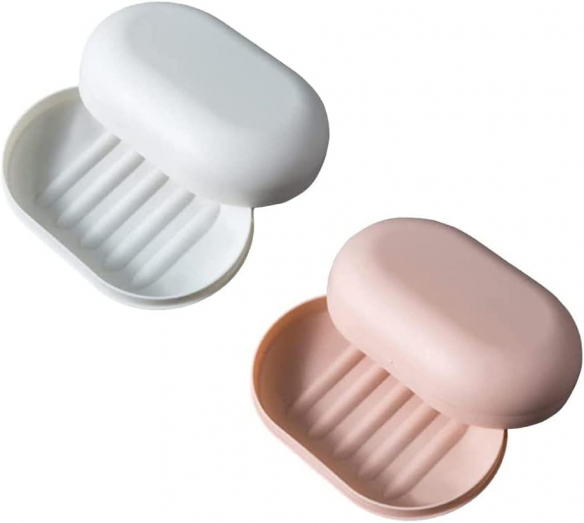 Zestaw 2 wodoszczelnych mydelniczek podróżnych z pokrywką – z tworzywa sztucznego – do prysznica, podróży – biały + różowy