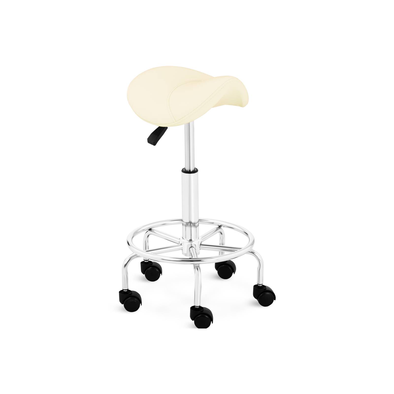 Tabouret Selle De Cheval PHYSA YORK - Hauteur Réglable 57-75 Cm, Blanc Et Doré, 150 Kg, Roulettes, Ergonomique