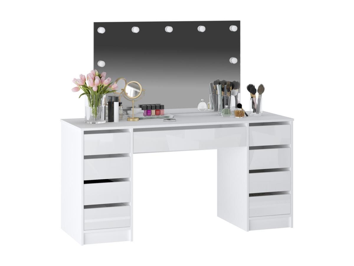 Coiffeuse Double Avec Miroir LEDs 9 Tiroirs Blanc Brillant coiffeuse-double-avec-miroir-leds-9-tiroirs-blanc-brillant
