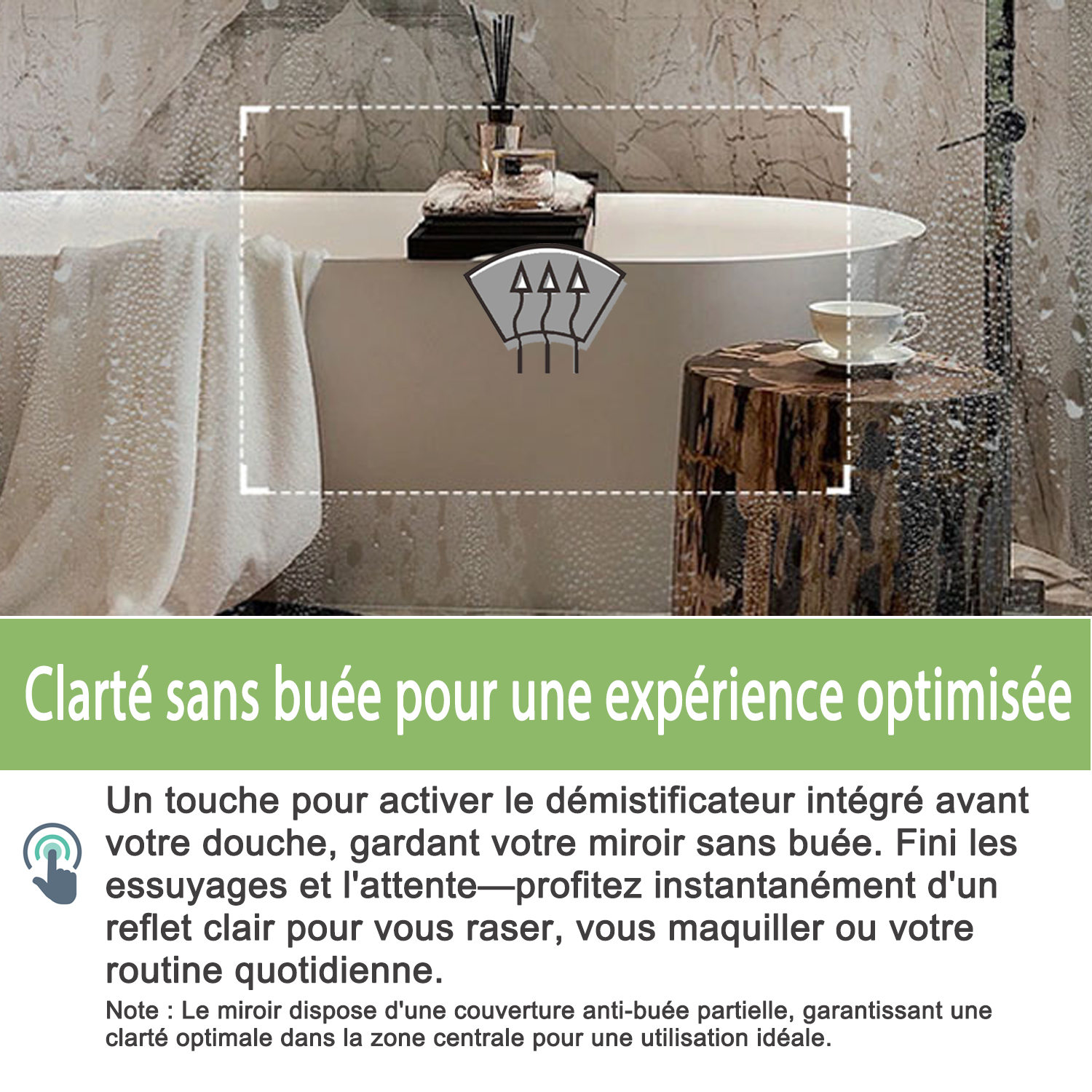 Miroir lumineux de salle de bain 80x60 cm - Éclairage 3 Couleurs, Bluetooth, Anti-Buée,Horloge, Mémoire. Miroir de salle de Bain rectangulaire - 6