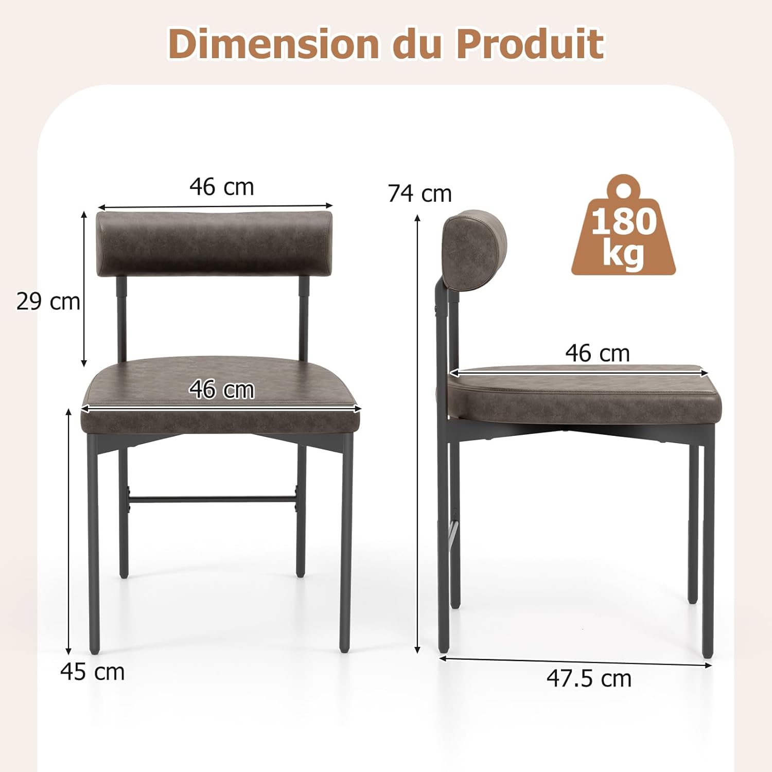 Set di 2 Sedie per Sala Pranzo con Schienale e Seduta Imbottita in Ecopelle, Sedia per Cucina con Gambe in Metallo, Sedia Moderna Comfortevole - 3