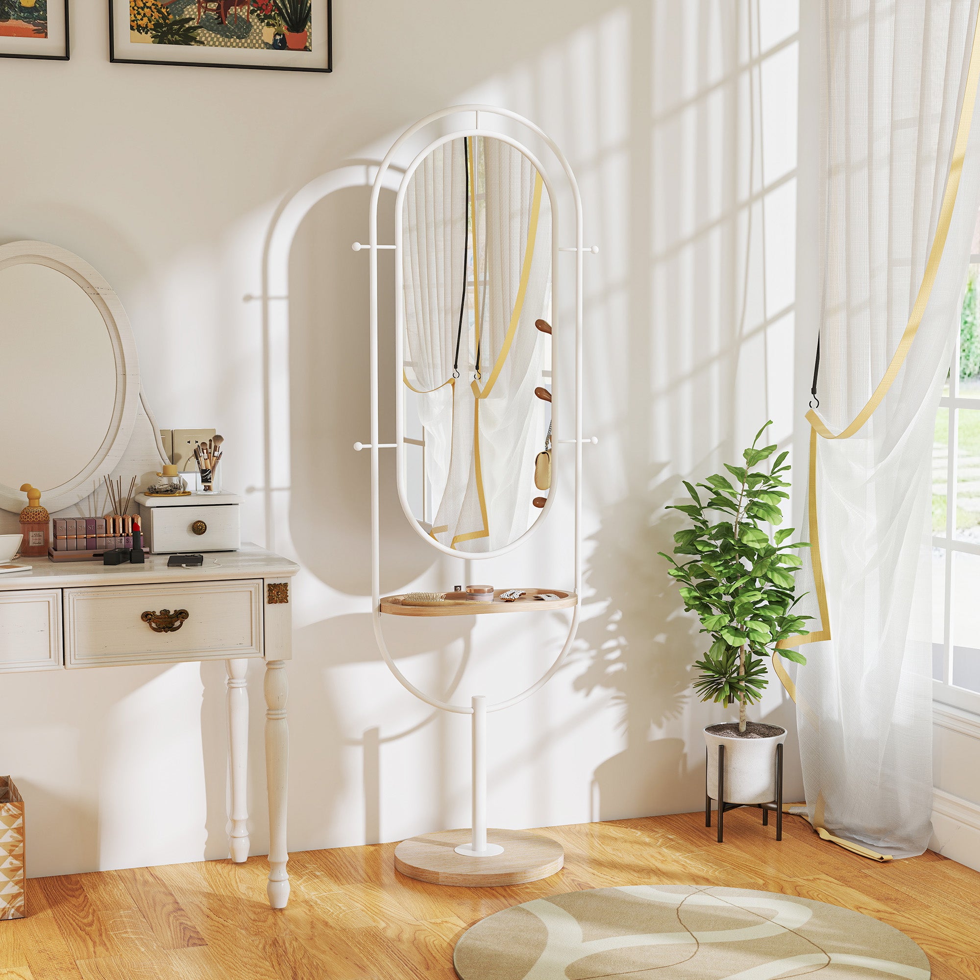 Miroir plein pied 175,5 x 50 cm avec tablette et 4 crochets, blanc ...