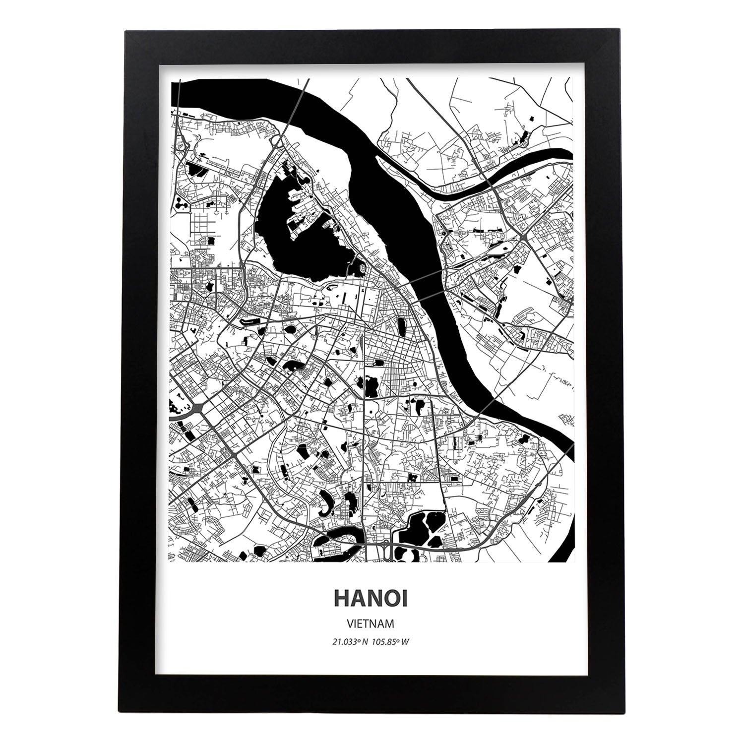 Poster con mapa de hanoi vietnam. láminas de ciudades de asia con mares y rios en color negro. sin marco - a3