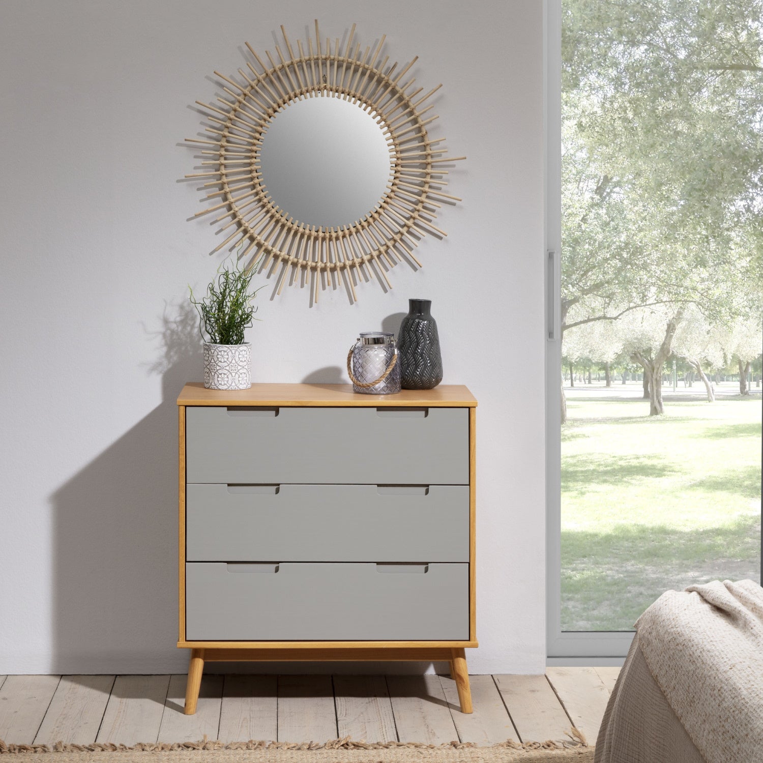 Commode de nuit Bruce avec 3 tiroirs, bois massif, 80 cm Largeur - 4