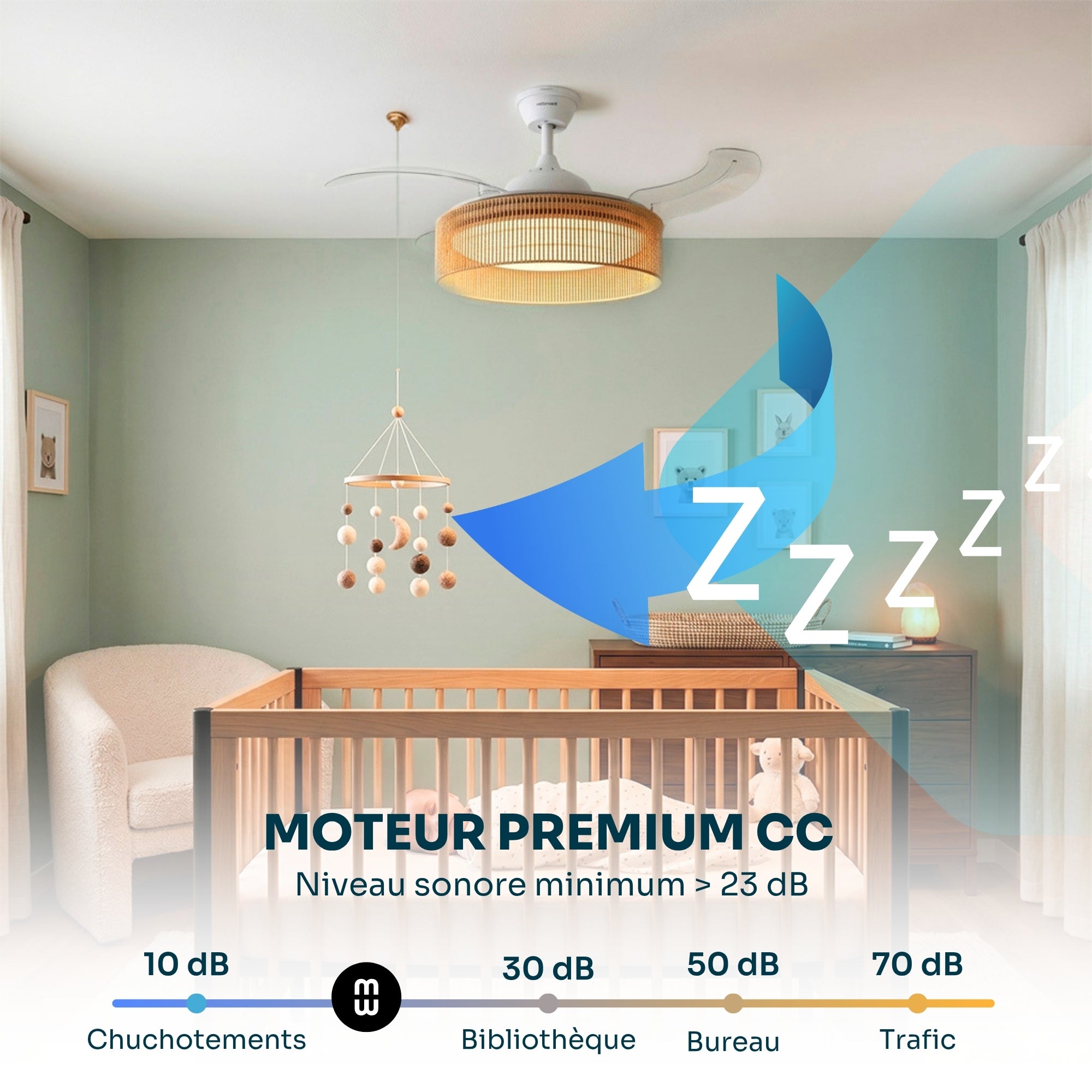 Ventilateur de plafond avec lumière LED réglable Mellerware - Brizy Bright Rattan, minuterie jusqu'à 8h, compatible avec plafonds inclinés. - 8