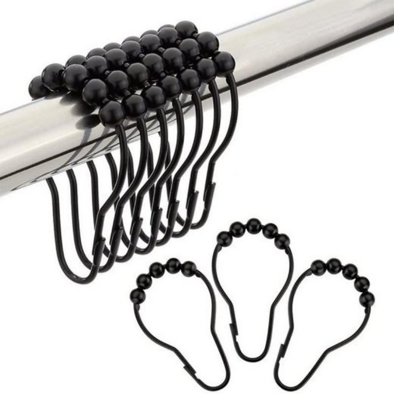 12 Anneaux Rideau Douche Plastique Forme De C - Crochets Pratiques Noir Pour Salle De Bain