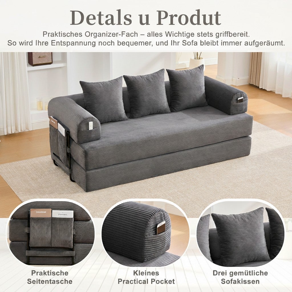 Canapé Modulaire Convertible Velours Côtelé Gris Foncé - Cadre Métal, 3 Coussins. Lit Salon Design Moderne 200cm - 8
