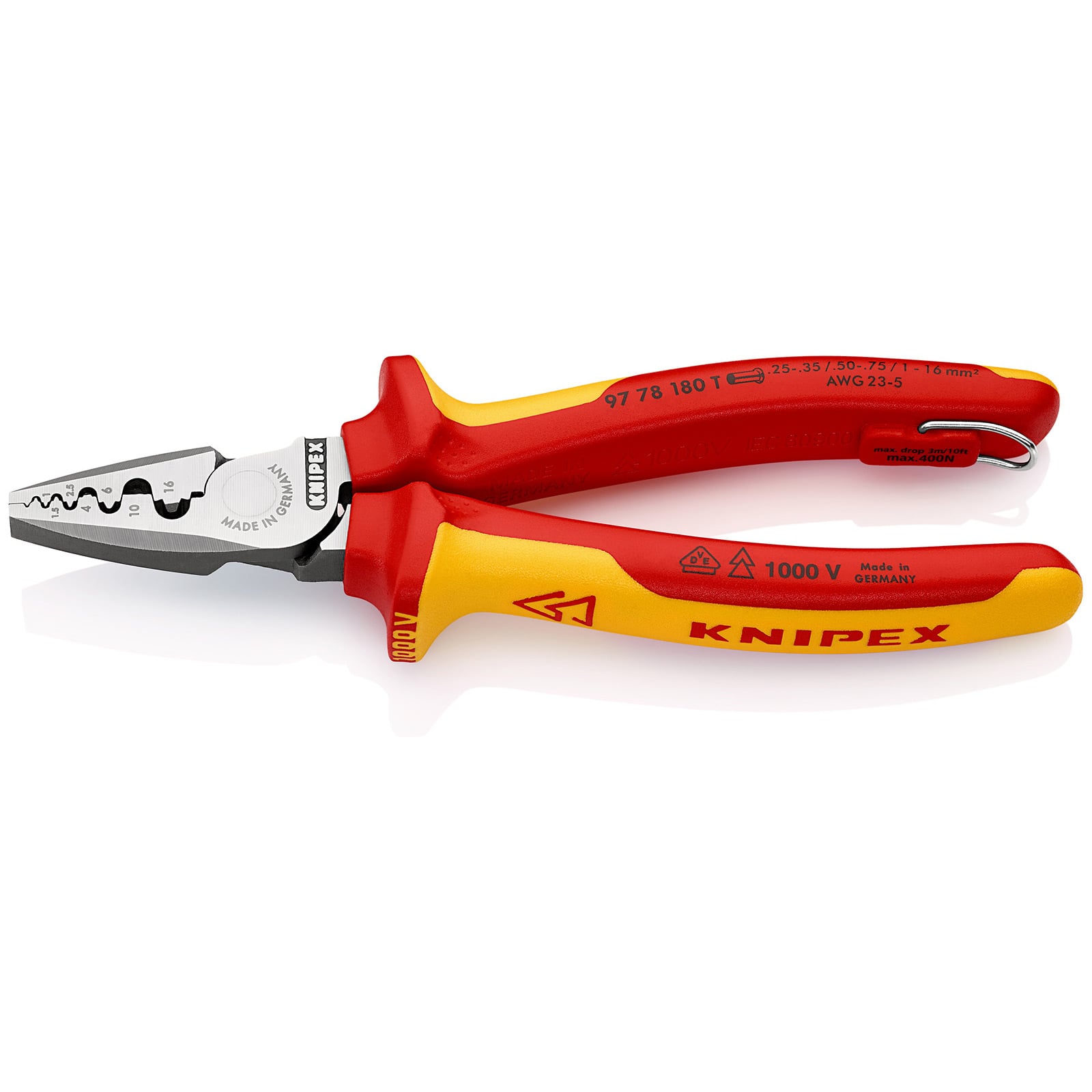 Knipex Pinza per Serrare Terminali a Bussola Isolante, Collaudati Vde, Incorporato per Agganciare Una Protezione Anticaduta 180 Mm (Confezione Self-Se