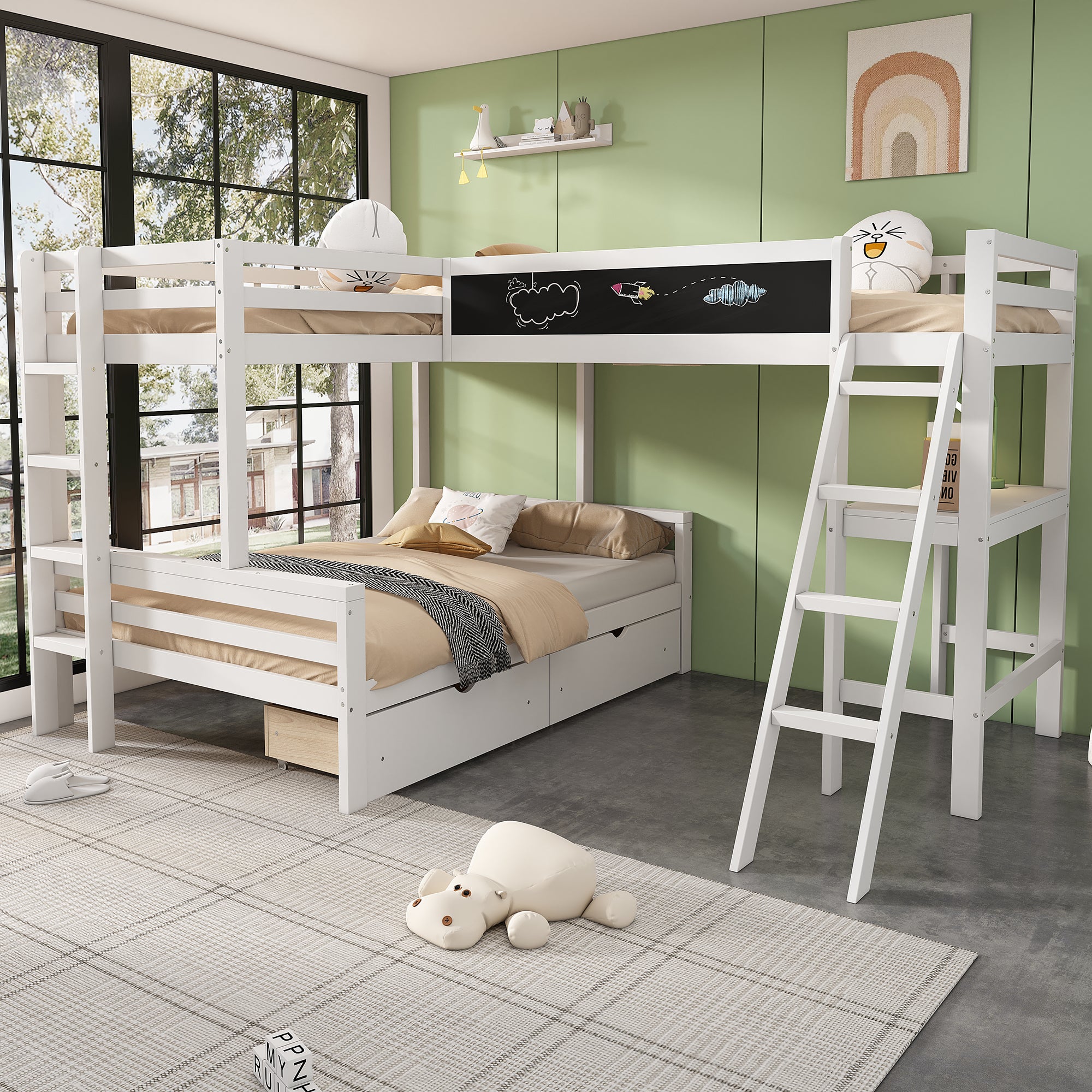Lits superposés 140 x 200 cm + 2 x 90 x 200 cm avec bureau et 2 tiroirs - Bois massif - Blanc(sans matelas) - 2