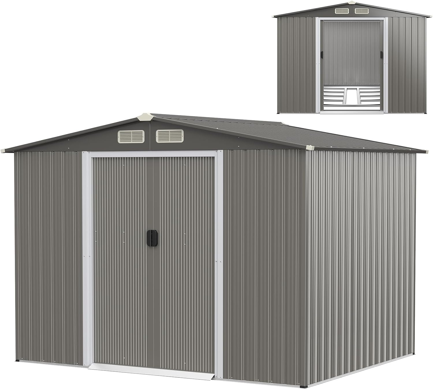 Domek na narzędzia z fundamentem, 260 x 207 x 180 cm, szopa na narzędzia z ocynkowanej stali,zamykana, metalowa szopa, ciemnoszara