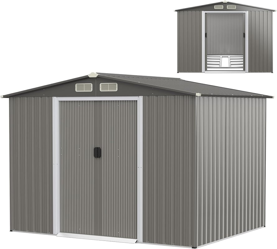 Domek na narzędzia z fundamentem, 260 x 207 x 180 cm, szopa na narzędzia z ocynkowanej stali,zamykana, metalowa szopa, ciemnoszara