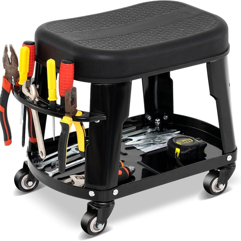Stołek Warsztatowy na Kółkach, Zdejmowane Siedzisko, Siedzisko Garażowe na Kółkach z Schowkiem, Podzielona Półka na Narzędzia, Nośność 136 kg