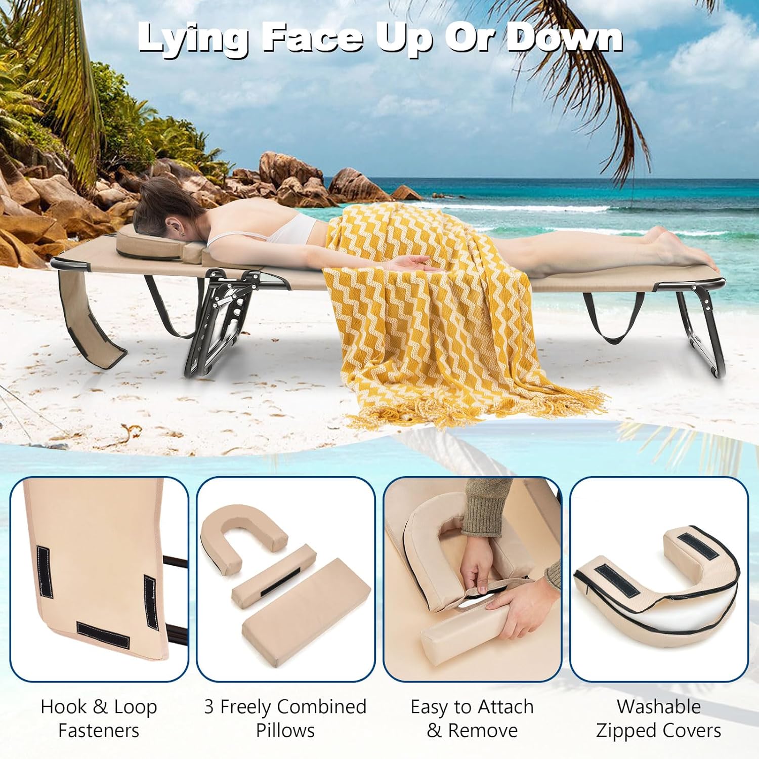 Cadeira de Sol Dobrável,Cadeira Comprida,3 Apoios de Cabeça Removíveis,Cadeira de Praia Reclinável,Encosto Regulável em 5 Posições,63x194x37cm,Bege - 4