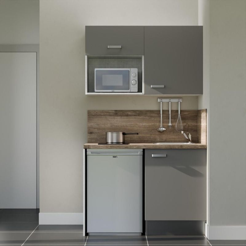 Kitchenette équipée 120 cm K07 Gris - Plan de travail Bois - Crédences ...