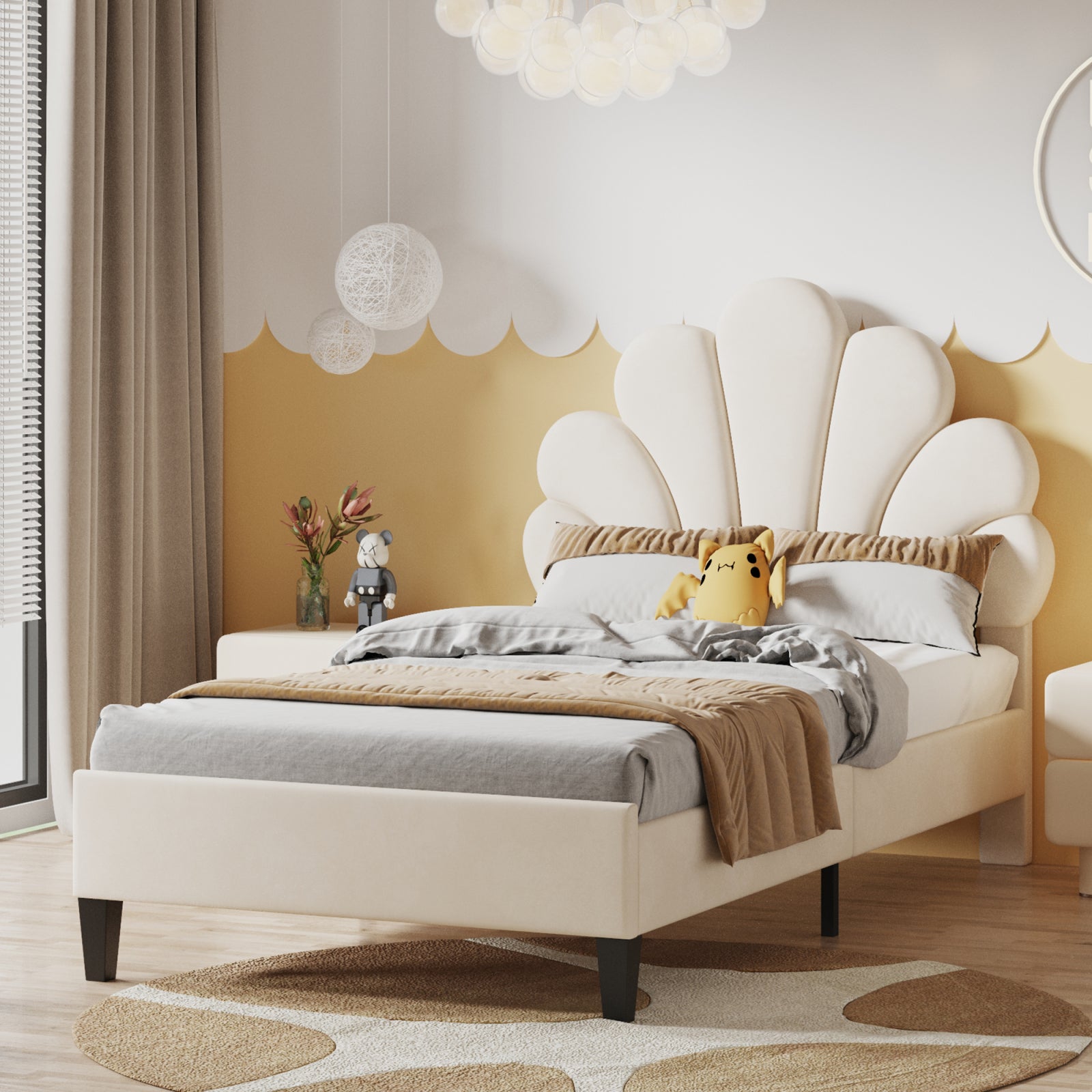 Cama individual 90x200 cm de terciopelo, cabecero en forma de flor, somier de láminas, cama infantil acolchada estilo escandinavo beige - 3