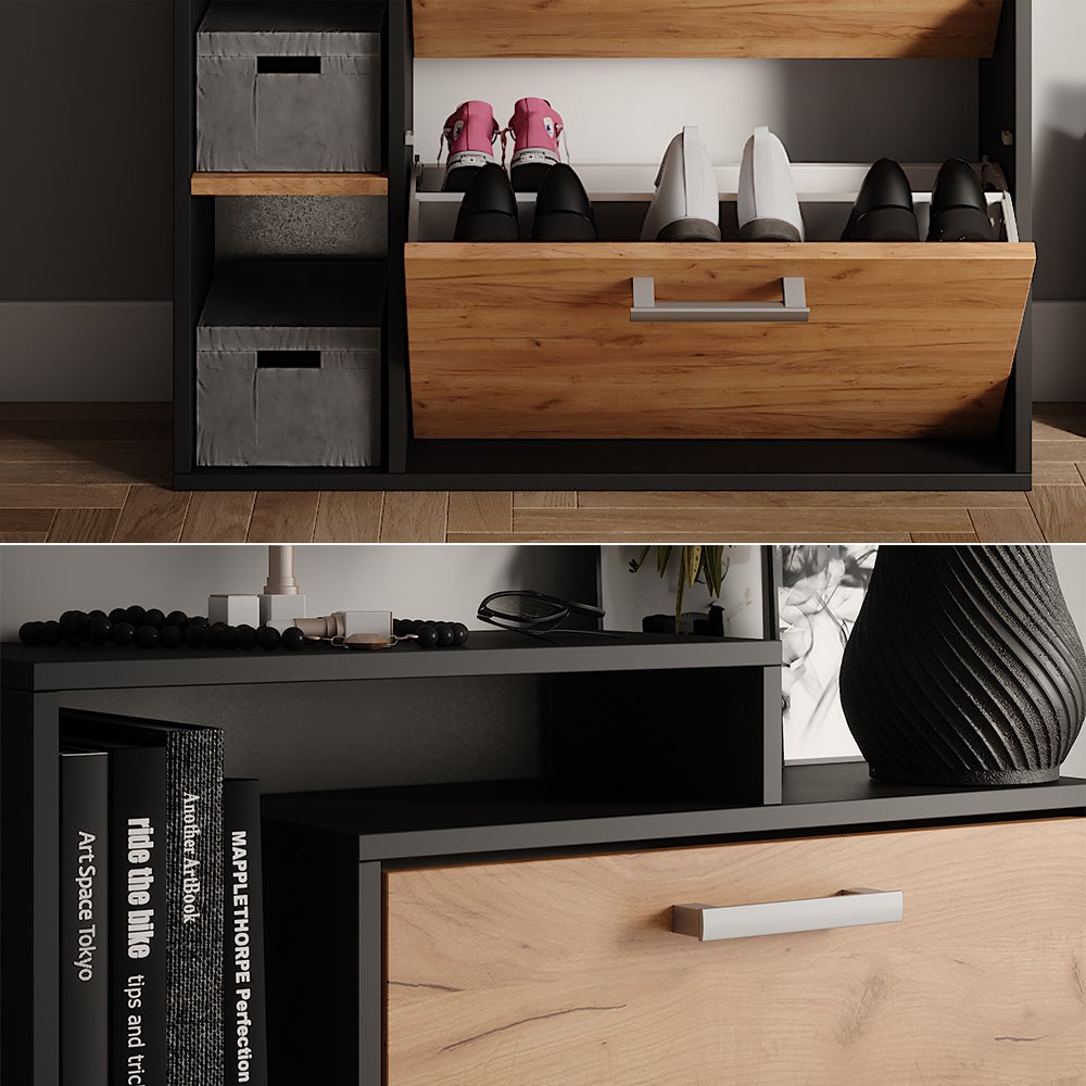 Vicco Meuble à chaussure Orlando, Chêne doré/anthracite, 80x128.3cm avec 3 compartiments - 5