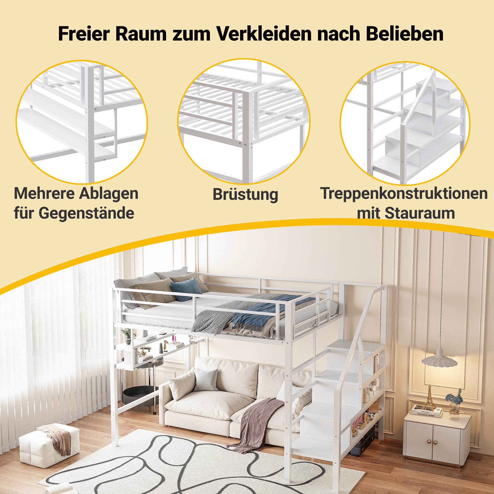Lit mezzanine 140 x 200 cm avec étagères de rangement et échelle - Métal - Blanc (sans matelas) - 2