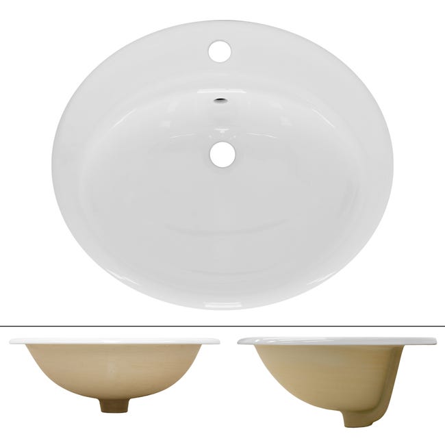 Lavabo Ovale In Ceramica Bianco Lucido, 55x41x14 Cm, Per Bagno O Guardaroba, A Sovrappiano