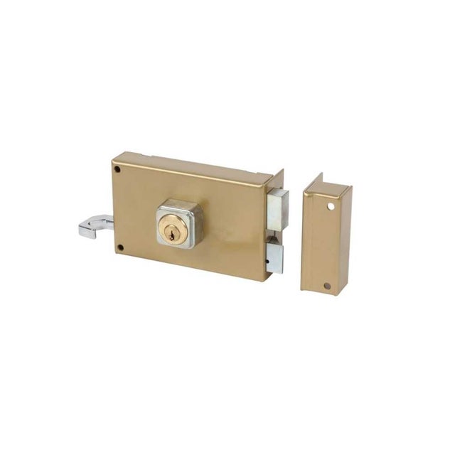 Serrure monopoint en applique BRICARD ALPHA cylindre rond horizontal tirage droite laquée vieil or 26 mm