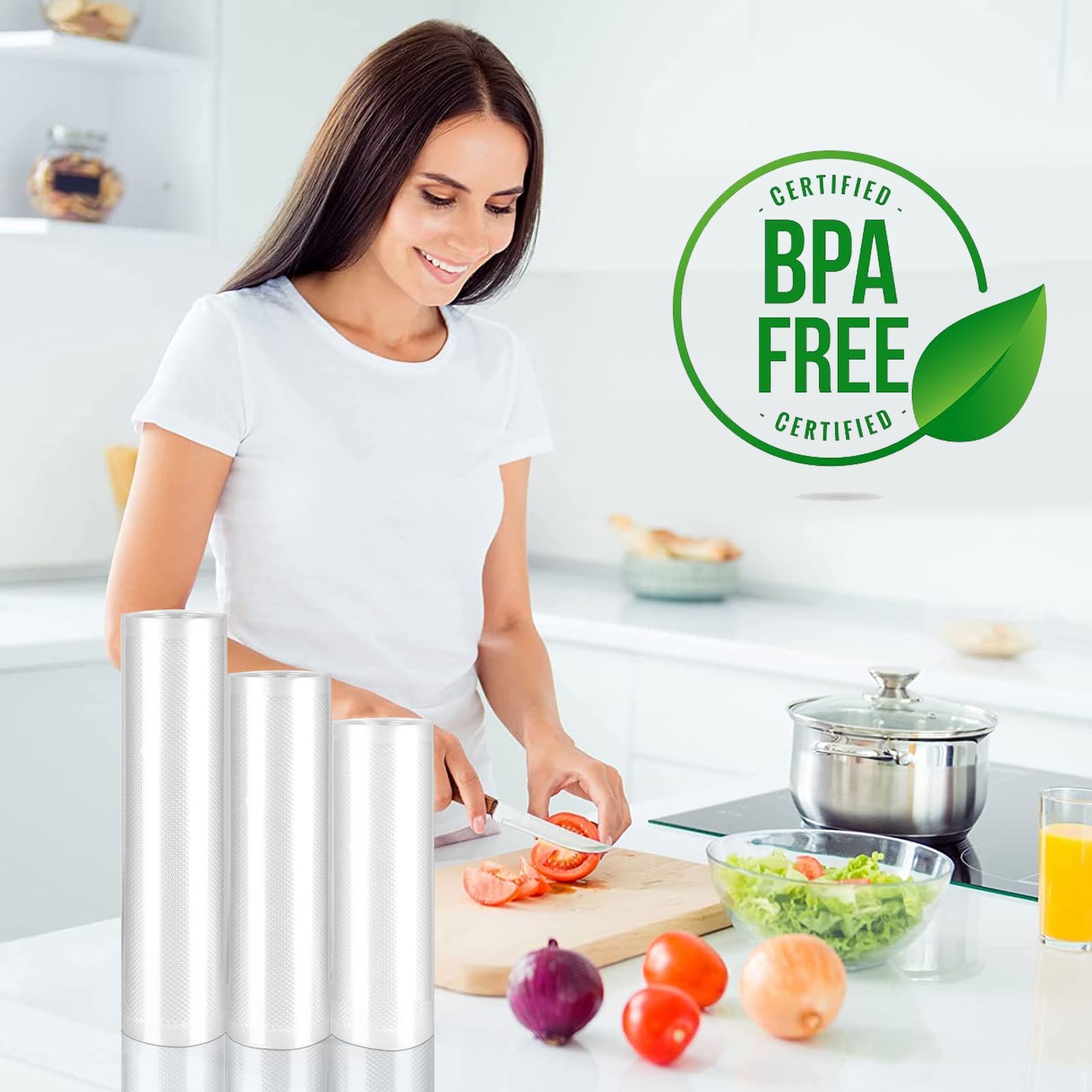 Buste sottovuoto per alimenti, 6 Pack, Rullo sottovuoto per alimenti, per la conservazione e la cottura degli alimenti, senza BPA (28/25/20 x 300 cm) - 4