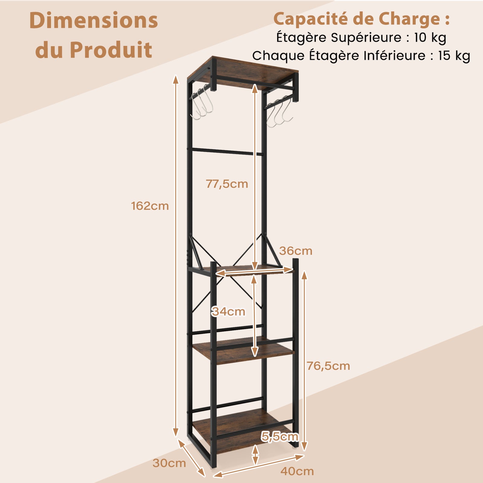 Porte-Manteau Autoportant, Arbre d'Entrée Mince avec 4 Étagères de Rangement, 6 Crochets et 3 Tringles à Vêtements, 40 x 30 x 162 cm pour Entrée - 2