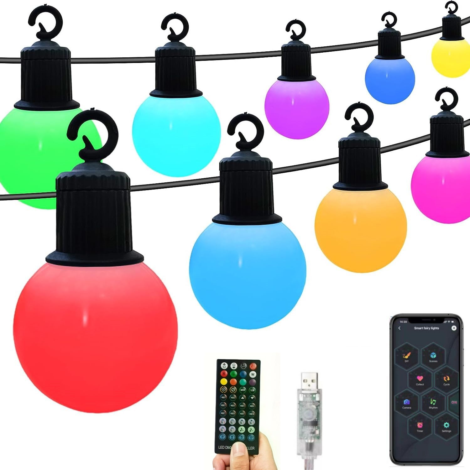 Inteligentny 9-metrowy zewnętrzny sznur świetlny, 25 ściemnianych diod LED mini RGB, z aplikacją i pilotem, na imprezy, tarasy lub Boże Narodzenie.