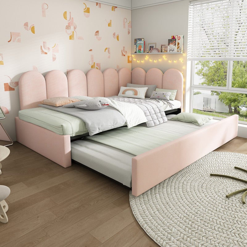 Lit 90x200 avec lit gigogne 90x190, Canapé lit avec parois latérales interchangeables et avec sommier à Lattes,Velours Rose (Sans Matelas) - 7