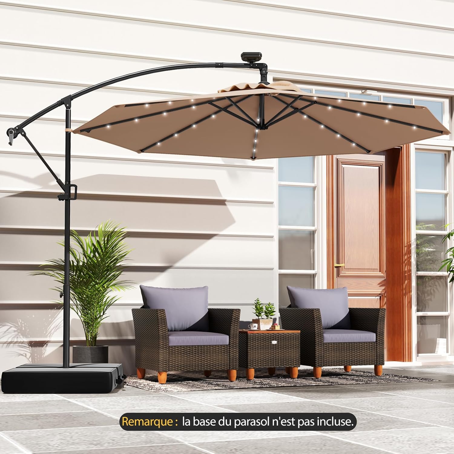 Parasol Déporté 3M avec 32 LED Solaires, Parasol de Jardin 8 Baleines avec Tissu Protection Solaire, Parasol Inclinable Rotatif à 360° (Brun) - 9