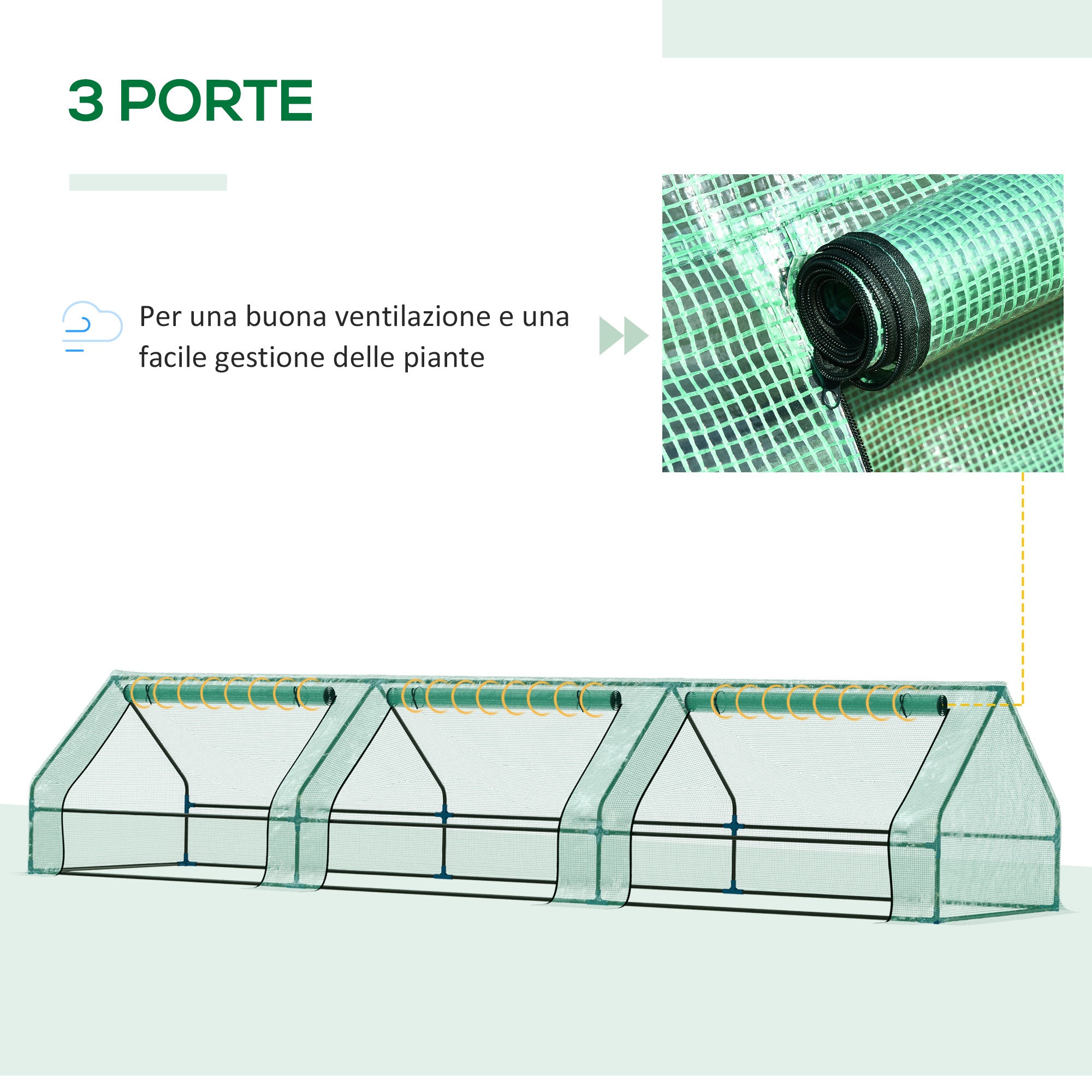 Mini serre de jardin en acier vert et polyéthylène avec 3 fenêtres rétractables, 400 x 100 x 80 cm - 8