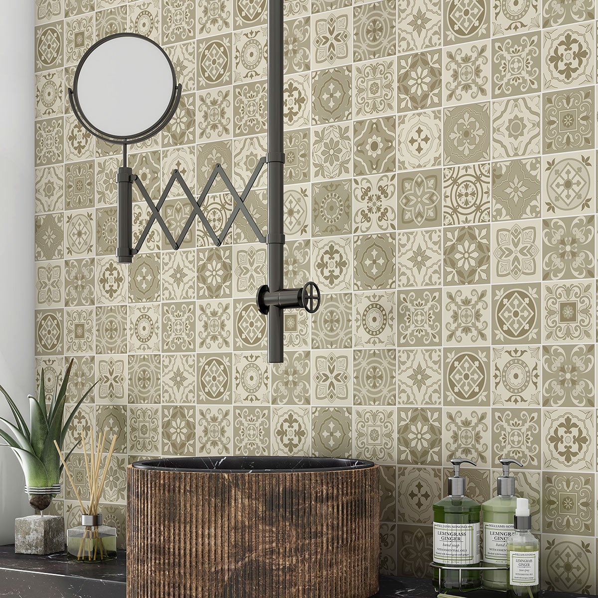 Crédence adhésive sticker décoratif pour salle de bain - Motif carreaux de ciment - Adhésif + Protection BRILLANTE - 65x65 cm - 2