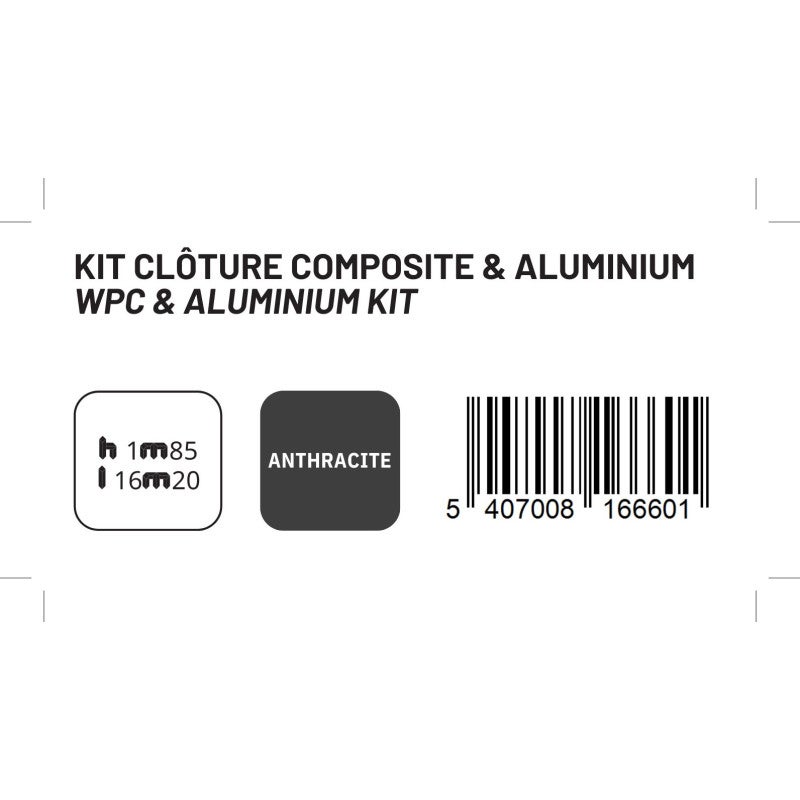 Kit clôture composite et aluminium à sceller H 1m80 L 16m20 gris anthracite avec renforts acier - Palissade - Brise vue - 4
