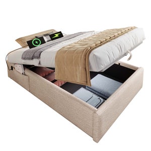 Cadre De Lit Double 160x200 Cm Avec Tête Et Pied De Lit Hauts, Velours Beige Et Ports USB/Type-C