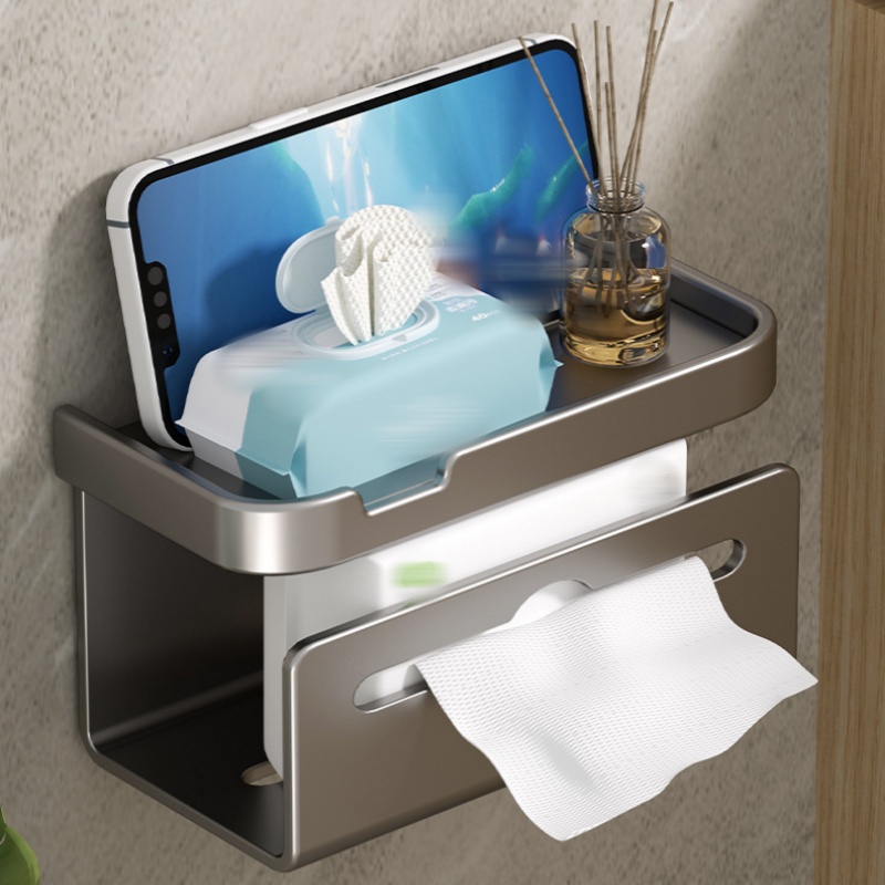 Uchwyt na papier toaletowy do łazienki, uchwyt na rolkę papieru, dozownik papieru toaletowego, bez wiercenia, półka, 17*10.2*12cm - Szary
