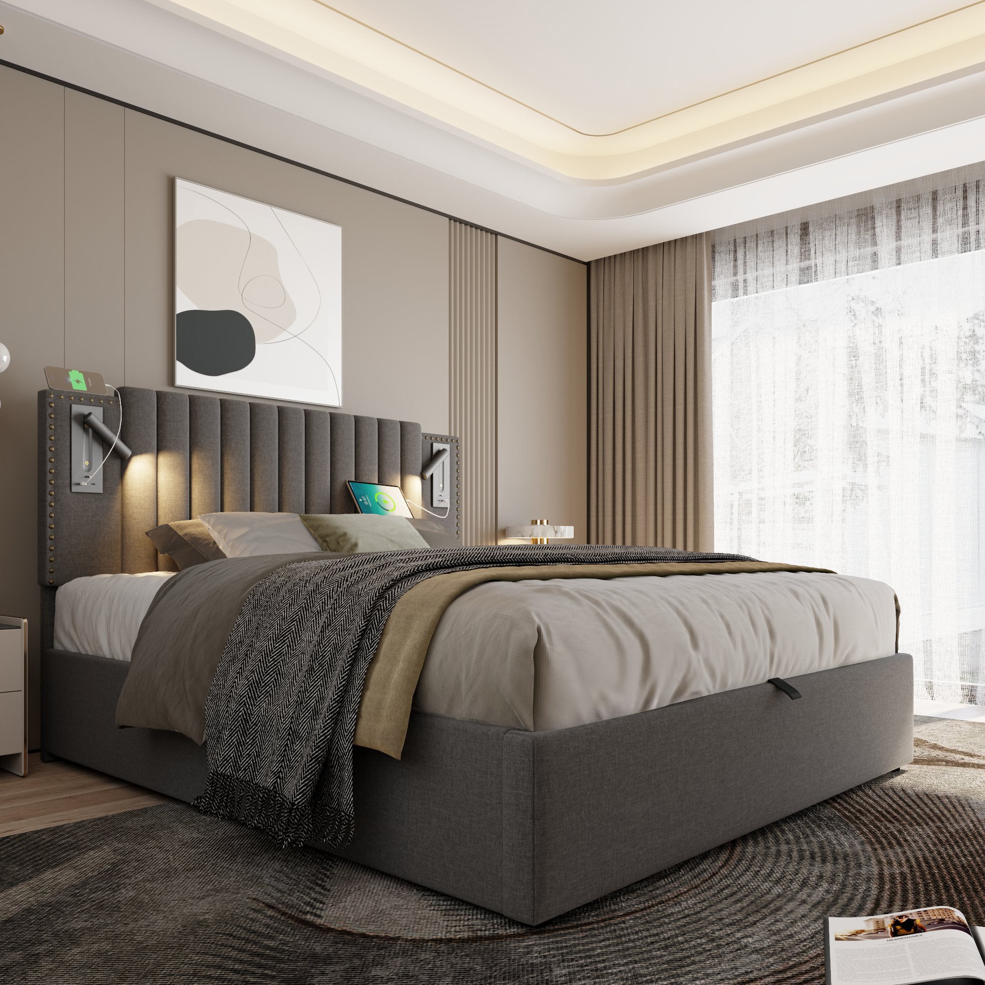 Lit coffre Lit capitonné Lit adulte 140 x 200 cm avec lampe de lecture avec fonction de chargement USB, coton, gris, matelas inclus - 9
