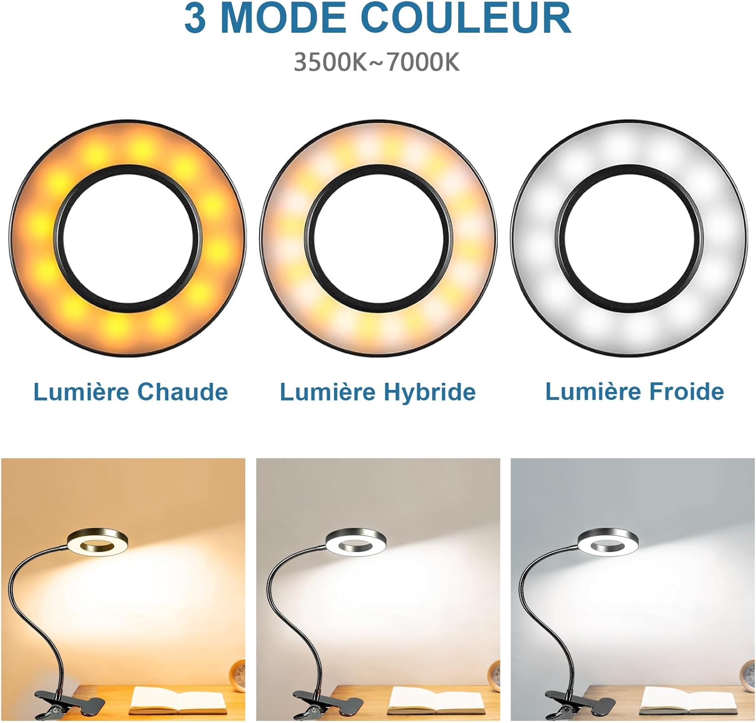 Lampa biurkowa z klipsem, 48 LED, elastyczna 360°, lampka do czytania z klipsem, 3 tryby oświetlenia i 10 poziomów jasności, LED USB do nauki i pracy