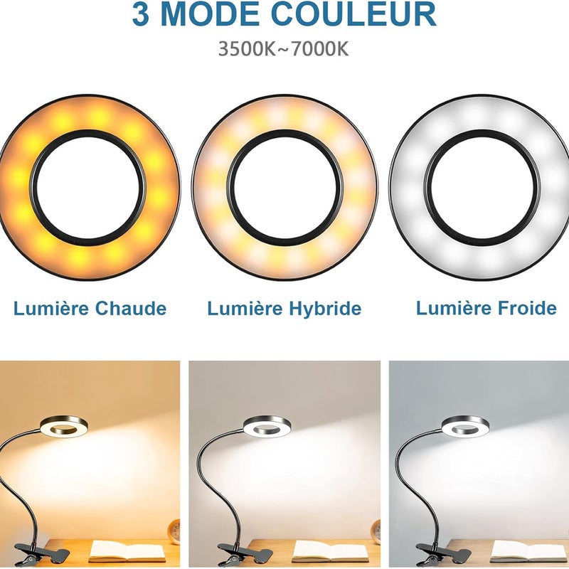 Lampa biurkowa z klipsem, 48 LED, elastyczna 360°, lampka do czytania z klipsem, 3 tryby oświetlenia i 10 poziomów jasności, LED USB do nauki i pracy
