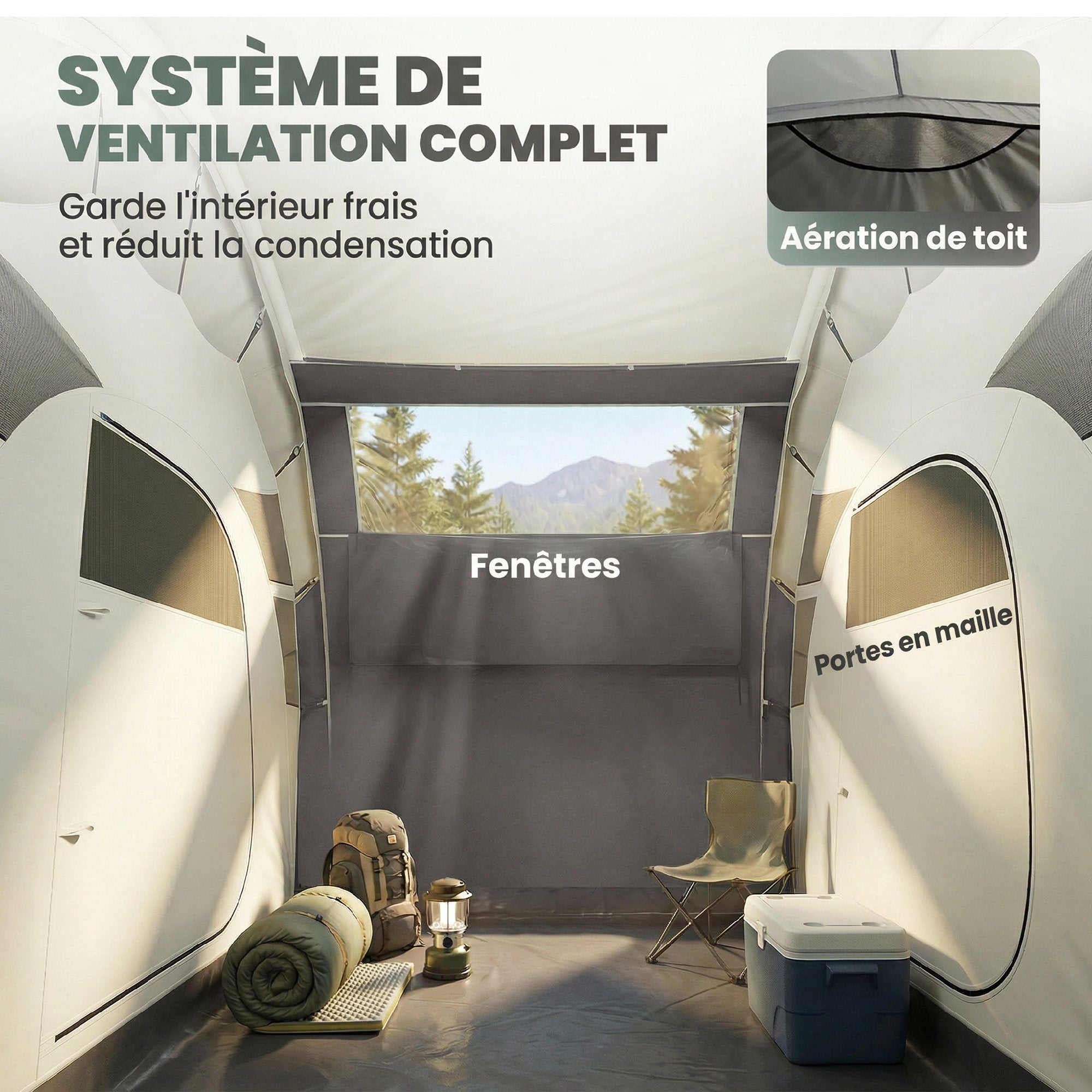Tente Gonflable Camping 2-4 Personnes avec Pompe 2 Chambres et Séjour Imperméable 3000mm 485x245x188cm Gris - 8