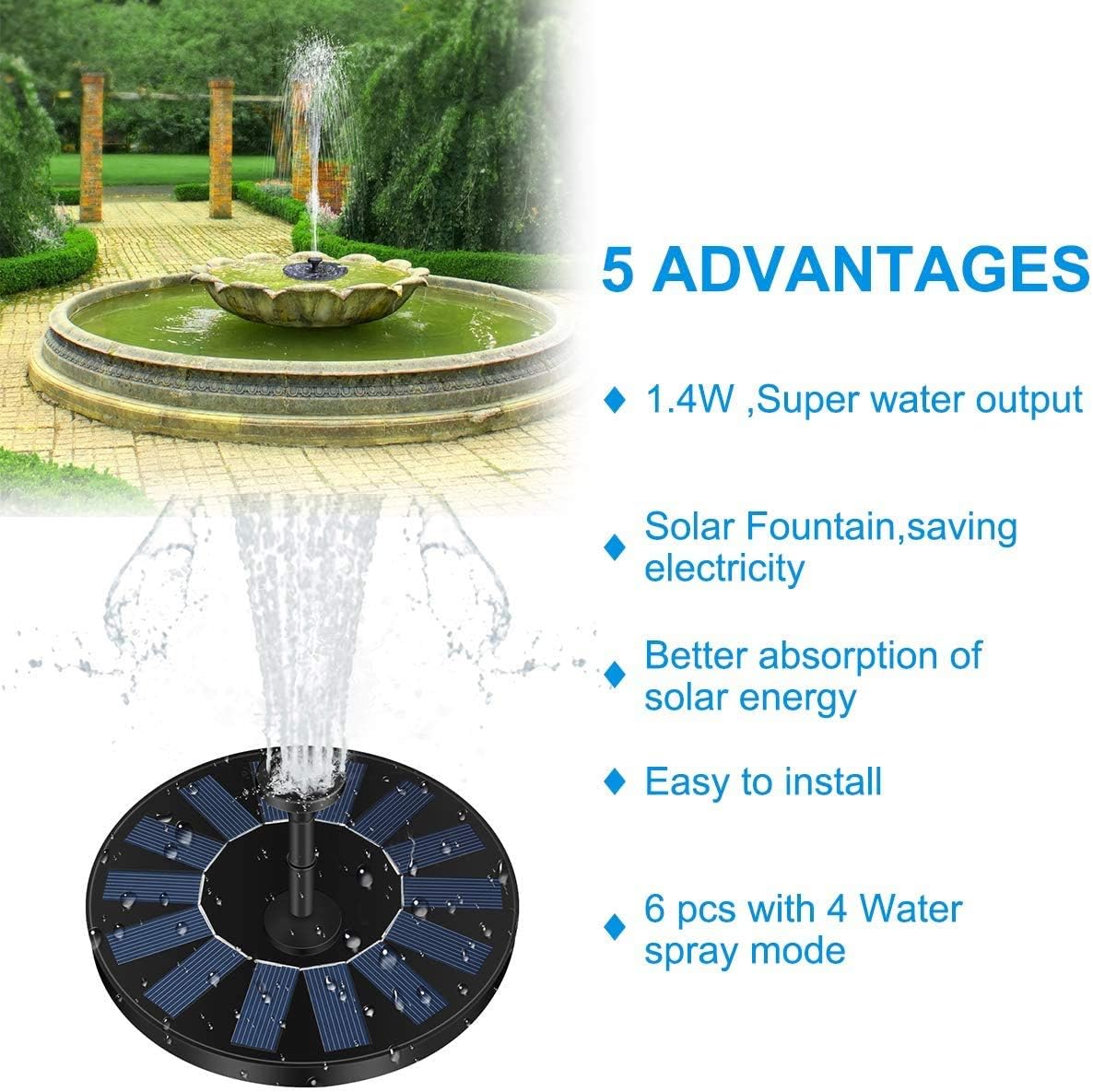 Fontaine Solaire Pompe, 1.4W 150L/h Pompe à Eau Solaire(70CM Maximum) + 4 Buses, Mini Pompe Solaire(Pas Besoin Batterie et électricité Requise) - 2
