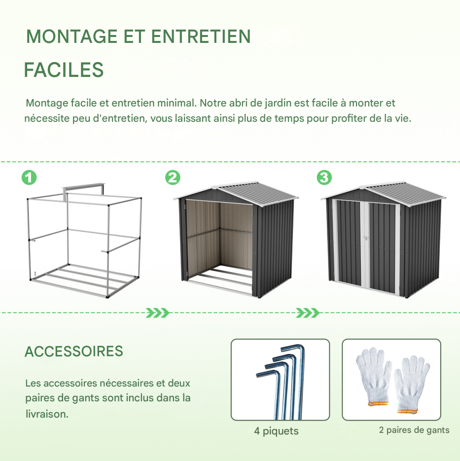 Abri de jardin en métal, dimensions142x185cm,avec trous de ventilation,comprenant une base en métal et une porte verrouillable. Gris - 6