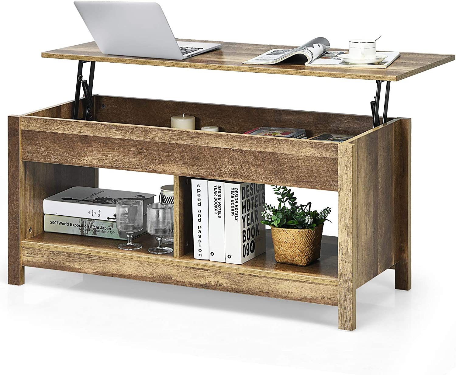 stolik kawowy, regulowana wysokość, stolik do sofy, stolik boczny ze schowkiem, stolik do herbaty do salonu, do przedpokoju (rustykalny brązowy)