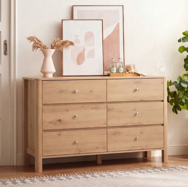 Commode 120x40x80 cm, 6 tiroirs, panneau de particules, finition chêne