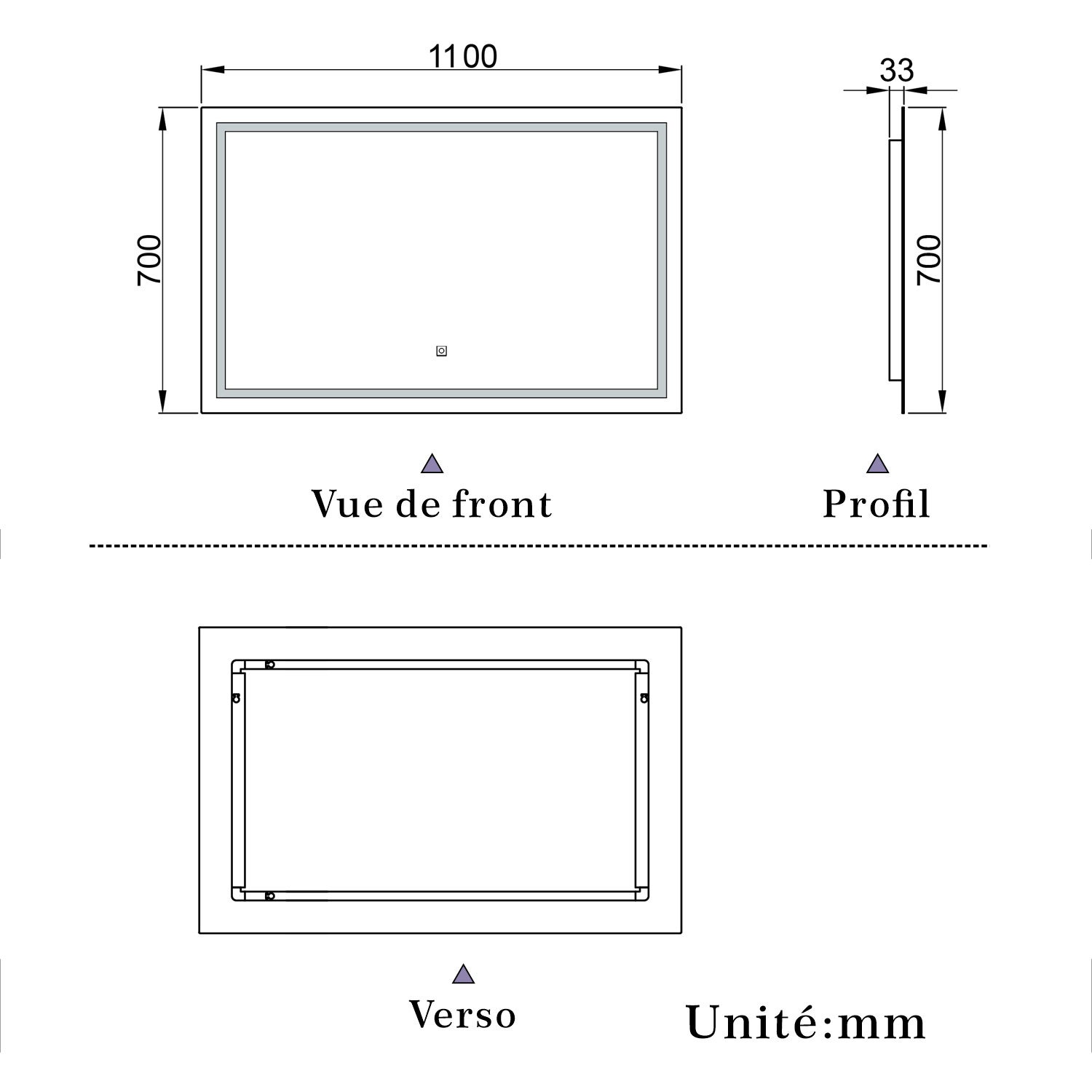 Miroir de salle de bain lumineux L.110 x H.70 cm avec Anti-Buée + 3 Couleurs + Dimmable, Miroir LED Mural - 3