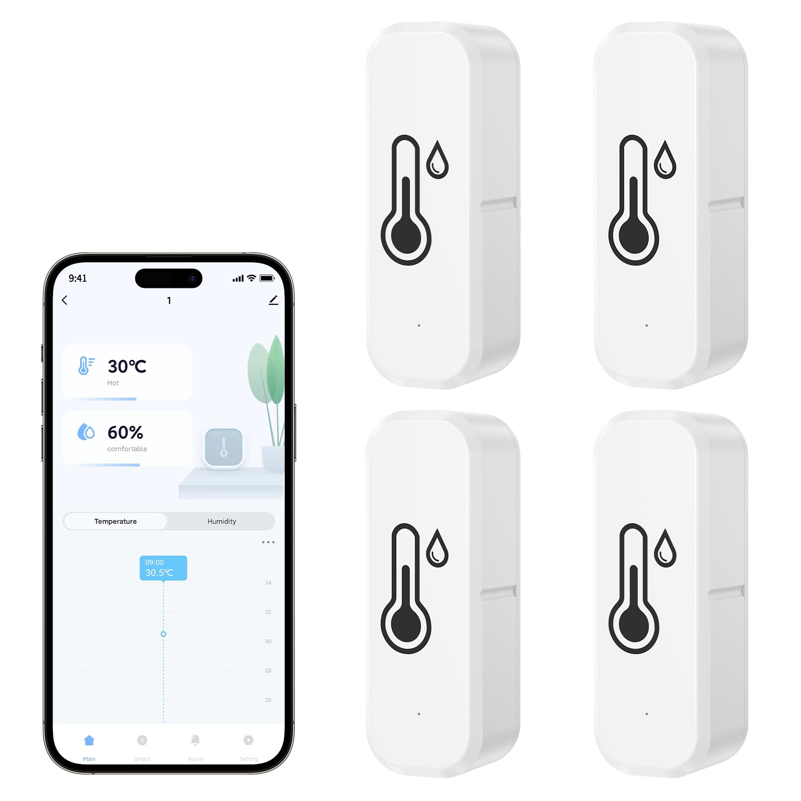 Wewnętrzny termometr Wi-Fi, higrometr, podłączony czujnik, alarm, sterowanie głosowe, kompatybilny z Smart Life/Tuya Amazon Alexa Google Home 4 szt.