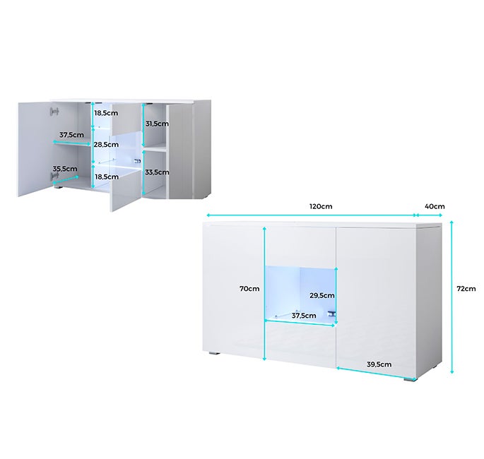 Aparador de salon con LED con patas 2cm 2 puertas 1 vitrina | Mueble de salon | 120x72x40cm | Modelo Luke A2 | Negro con Blanco brillo - 4